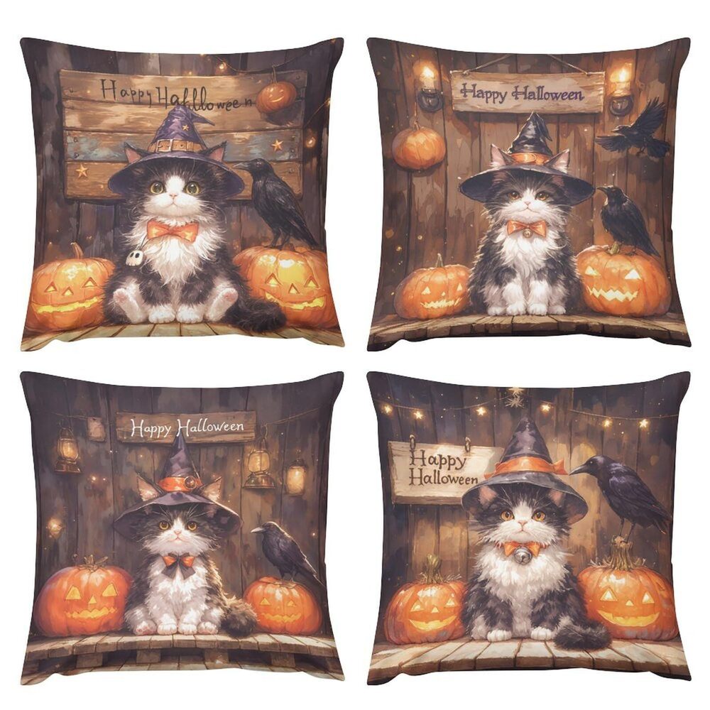 4597 Pack of 4 Fall Cartoon Kitten Pumpkin Halloween Decorative Throw